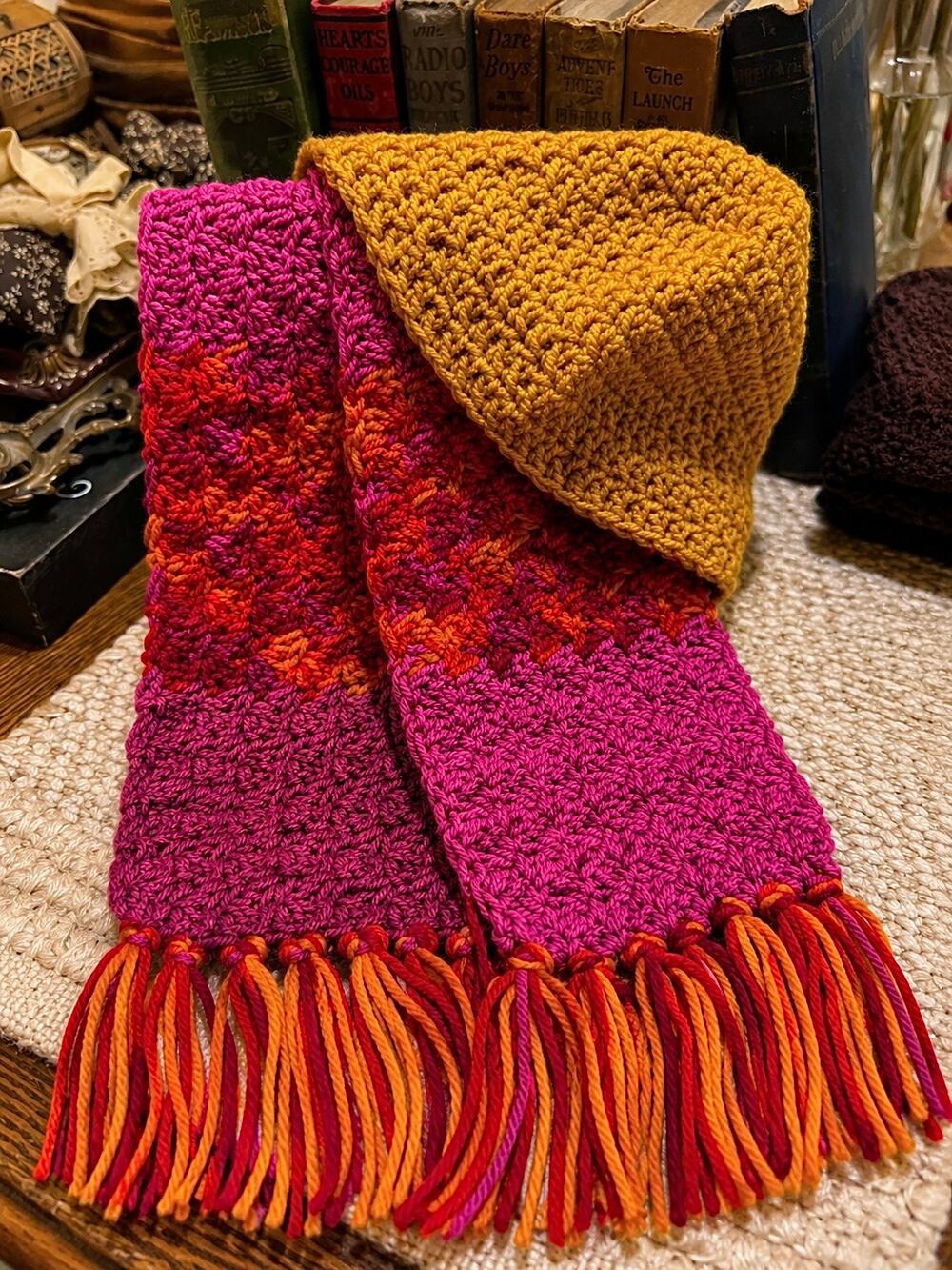 Handmade Crochet Scarf With Hat - Pink, Orange, Red, Yellow